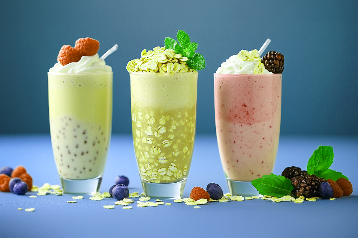 three different types of smoothies in a tall glass