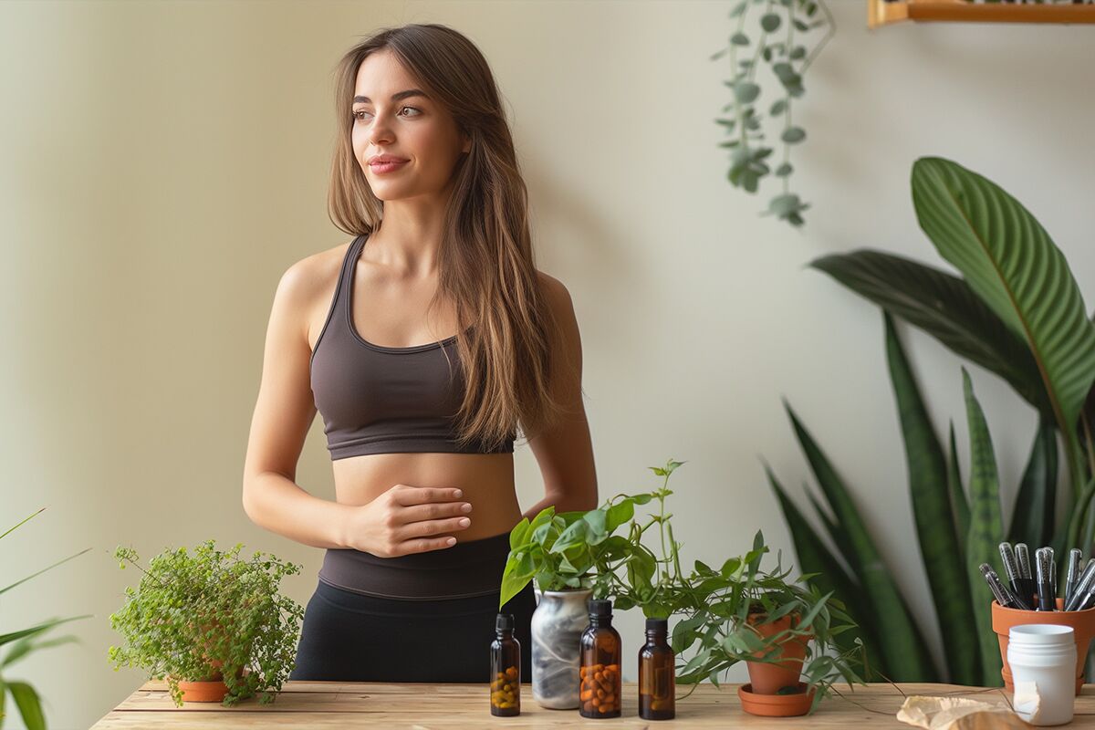 woman standing in front of table with plants and supplement bottles