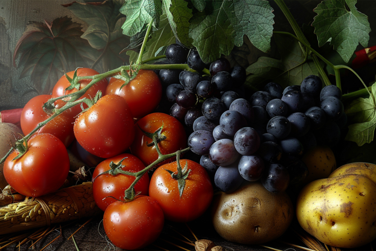 grapes, tomatoes, potatoes